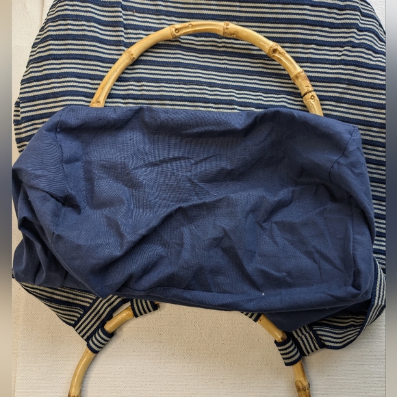 Old Country Road Handbag Bamboo Clutch Polyester Navy Blue Grey Stripes L-2 - Picture 5 of 13